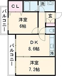 パシフィックアトラス香椎1 2LDKの間取図画像