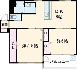 中郷東住宅2号棟 2DKの間取図画像