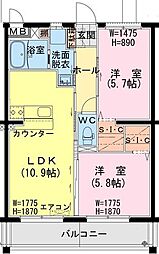 トレジャー ビルド 2LDKの間取図画像