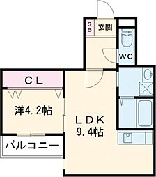 熊本市中央区渡鹿3丁目アパート 1LDKの間取図画像