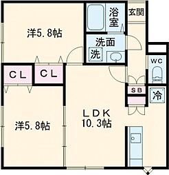 ル・シエル恵庭 2LDKの間取図画像