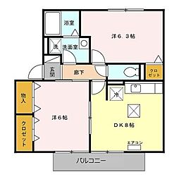 プレミール・ポヌールC棟 2DKの間取図画像