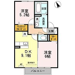 セジュールアルジェントB棟 2DKの間取図画像