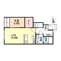 ル・アンジュ長江 B棟 1LDKの間取図画像