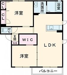 ウエストヒルズC 2LDKの間取図画像