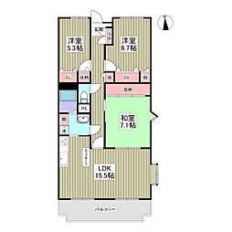 双葉八幡原コーポ 3LDKの間取図画像