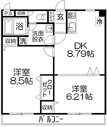 ユーロイヤルA棟 2DKの間取図画像