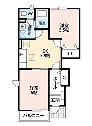 サンライズコート1 2DKの間取図画像