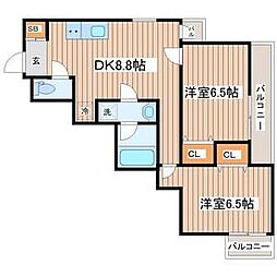 ベルコムン原町 2DKの間取図画像