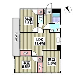 ヴィラ中川 3LDKの間取図画像