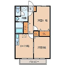 ルミエール砂押 2DKの間取図画像