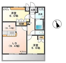 クレア美原 2LDKの間取図画像
