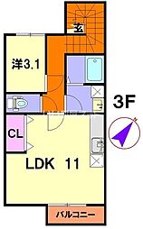 ヴィルヌーブB 1LDKの間取図画像