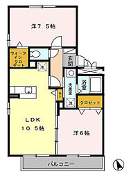 リビングタウン三ッ木　Ｃ 2階2LDKの間取り
