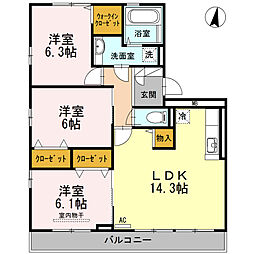 JR東北本線 南仙台駅 徒歩12分の賃貸アパート 3階3LDKの間取り