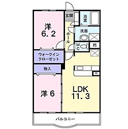 JR中央本線 竜王駅 徒歩13分の賃貸マンション 2階2LDKの間取り
