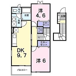 JR身延線 市川大門駅 4.4kmの賃貸アパート 2階2DKの間取り