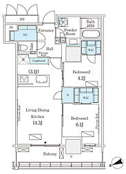 JR山手線 品川駅 徒歩11分の賃貸マンション 23階2LDKの間取り