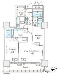 JR山手線 品川駅 徒歩11分の賃貸マンション 25階2LDKの間取り