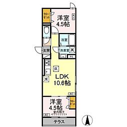 つくばエクスプレス 六町駅 徒歩12分の賃貸アパート 1階2LDKの間取り
