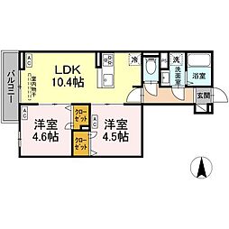 セレスティア南花畑III 3階2LDKの間取り