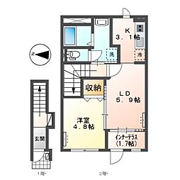 JR常磐線 佐和駅 徒歩34分の賃貸アパート 2階1LDKの間取り