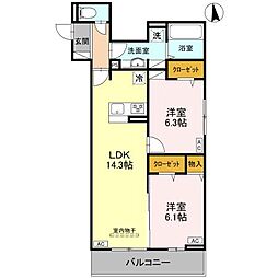 湘南新宿ライン高海 前橋駅 徒歩13分の賃貸アパート 3階2LDKの間取り