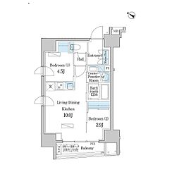 東京メトロ半蔵門線 水天宮前駅 徒歩3分の賃貸マンション 12階2LDKの間取り