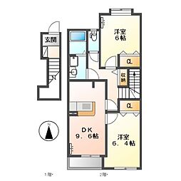 豊橋鉄道東田本線 競輪場前駅 徒歩24分の賃貸アパート 2階2DKの間取り