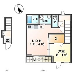 グランバレーII 2階1LDKの間取り