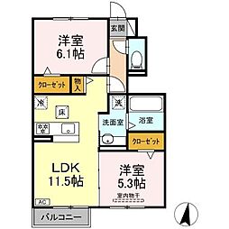 JR東海道本線 西岐阜駅 徒歩17分の賃貸アパート 1階2LDKの間取り