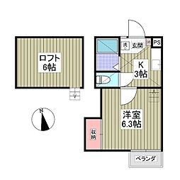 JR信越本線 北高崎駅 バス6分 新井団地入口方面下車 徒歩10分の賃貸アパート 2階1Kの間取り