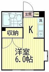 若葉ハウス 2階1Kの間取り