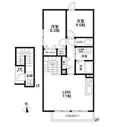東急目黒線 西小山駅 徒歩6分の賃貸アパート 2階2LDKの間取り