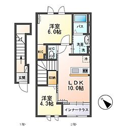 関東鉄道常総線 寺原駅 徒歩13分の賃貸アパート 2階2LDKの間取り