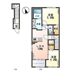 JR常磐線 荒川沖駅 徒歩18分の賃貸アパート 2階2LDKの間取り