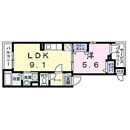 プチジャルダン 2階1LDKの間取り