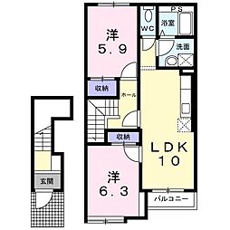 JR常磐線 取手駅 バス14分 公民館前下車 徒歩5分の賃貸アパート 2階2LDKの間取り