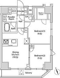 JR山手線 新橋駅 徒歩8分の賃貸マンション 14階2DKの間取り