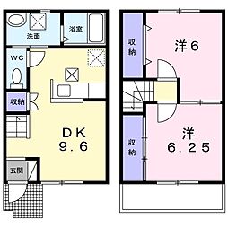 プラネット 1階2DKの間取り