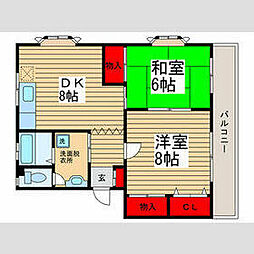 京成松戸線 薬園台駅 徒歩20分の賃貸マンション 2階2DKの間取り