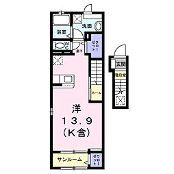 フェリスタ国立 2階ワンルームの間取り