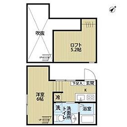 東武伊勢崎線 越谷駅 徒歩8分の賃貸アパート 2階ワンルームの間取り