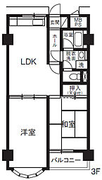 都営大江戸線 光が丘駅 徒歩13分の賃貸マンション 3階2LDKの間取り