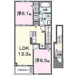 JR身延線 甲斐住吉駅 徒歩16分の賃貸アパート 2階2LDKの間取り
