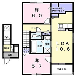 横浜市営地下鉄グリーンライン 北山田駅 徒歩12分の賃貸アパート 2階2LDKの間取り
