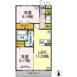 つくばエクスプレス 六町駅 徒歩3分の賃貸アパート 2階2LDKの間取り