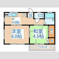 京王高尾線 めじろ台駅 徒歩15分の賃貸アパート 1階2Kの間取り