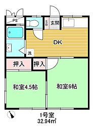 東急東横線 田園調布駅 徒歩12分の賃貸アパート 1階2DKの間取り
