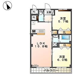 西鉄貝塚線 西鉄新宮駅 徒歩14分の賃貸マンション 3階2LDKの間取り